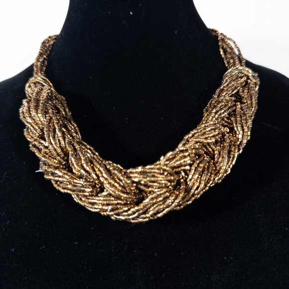 Jewelry - Bronze Dark Gold Beaded Braid Multi Layer Chunky Statement Necklace